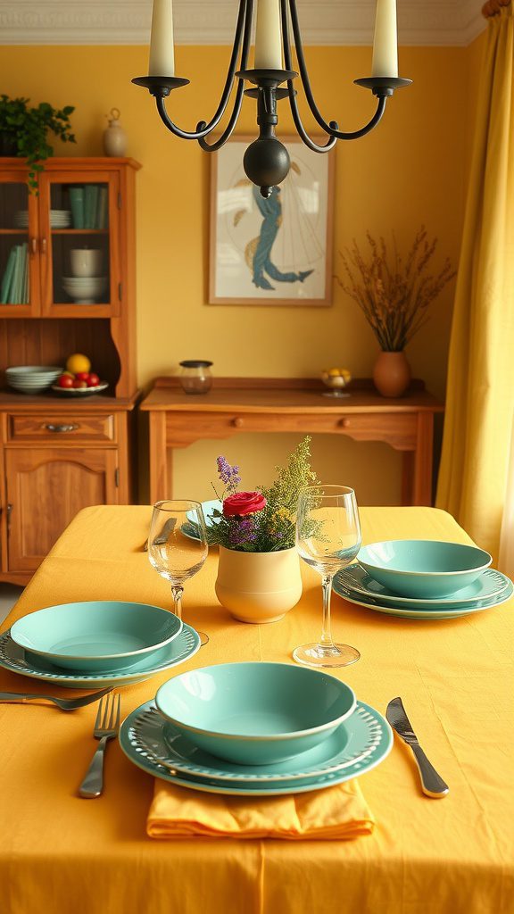 A dining table set with mint green plates and a yellow tablecloth, surrounded by warm yellow walls.