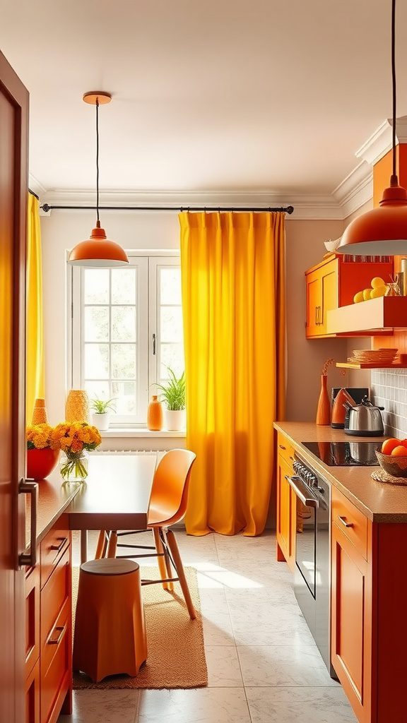 A kitchen featuring burnt orange cabinets and bright mustard yellow curtains.
