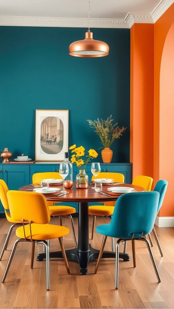 A dining area featuring a bright mustard yellow chairs around a wooden table, complemented by a copper pendant light and teal walls.