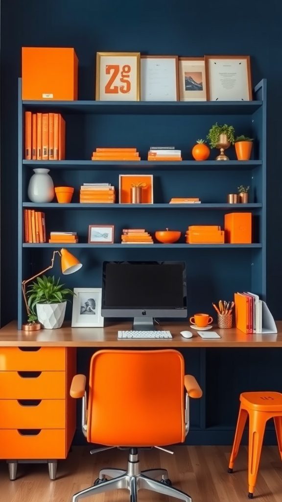 A navy blue home office with bright orange decor elements.