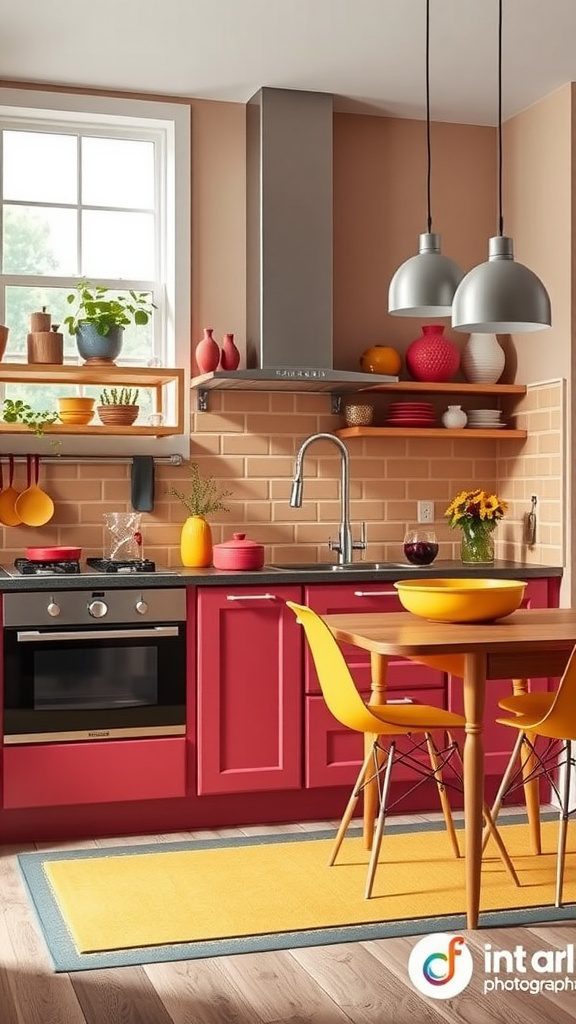 A vibrant kitchen featuring mustard yellow accents and bright raspberry elements.
