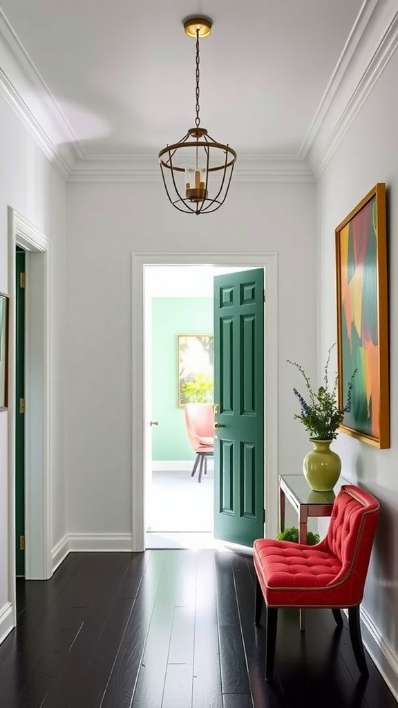 A bright red chair in a hallway with forest green accents.