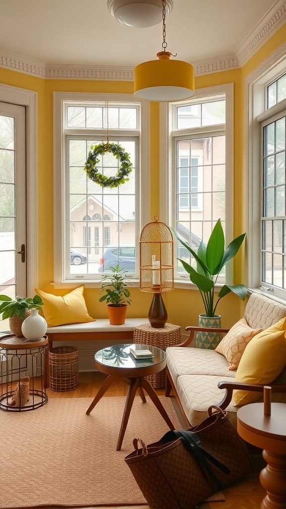 A cozy living area featuring bright yellow walls and decor with touches of copper accents.