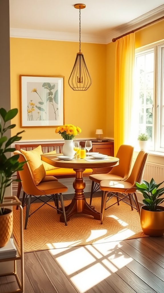 A bright and cheerful dining area featuring a golden table, yellow decor, and natural sunlight.