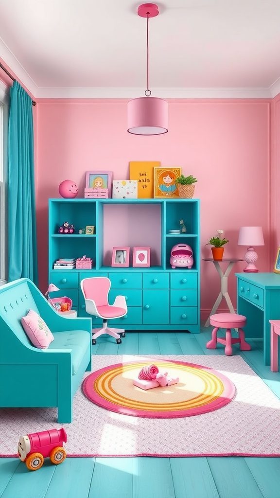 A colorful room featuring bright teal furniture and pink walls.