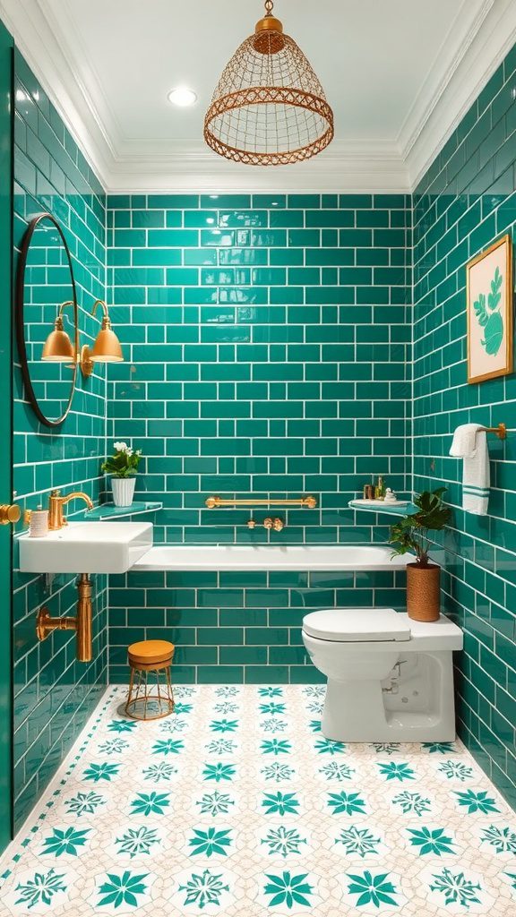 A bright bathroom featuring emerald green tiles and white patterned flooring.