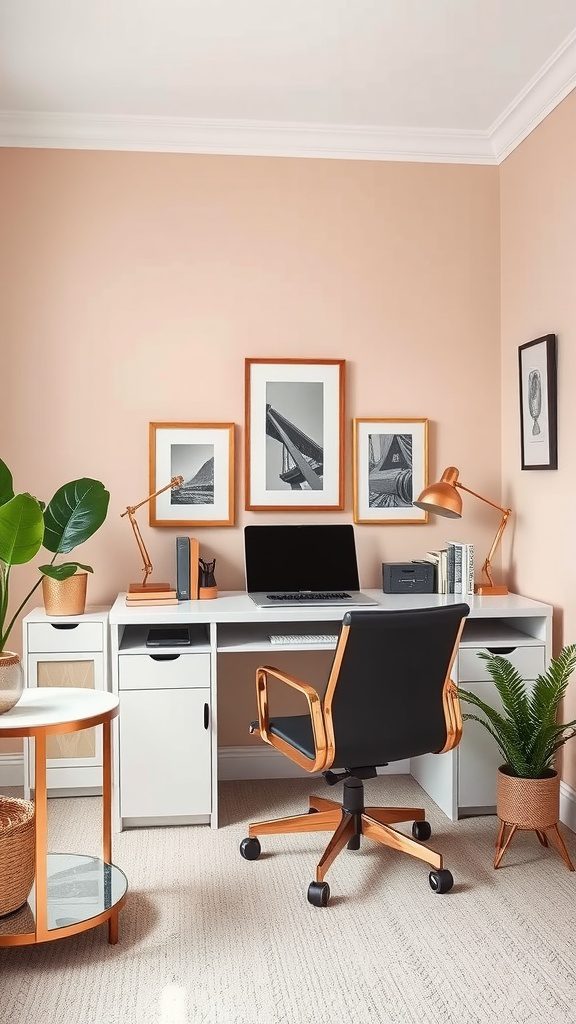 A stylish home office featuring a rose gold desk lamp, bronze accents, and greenery.