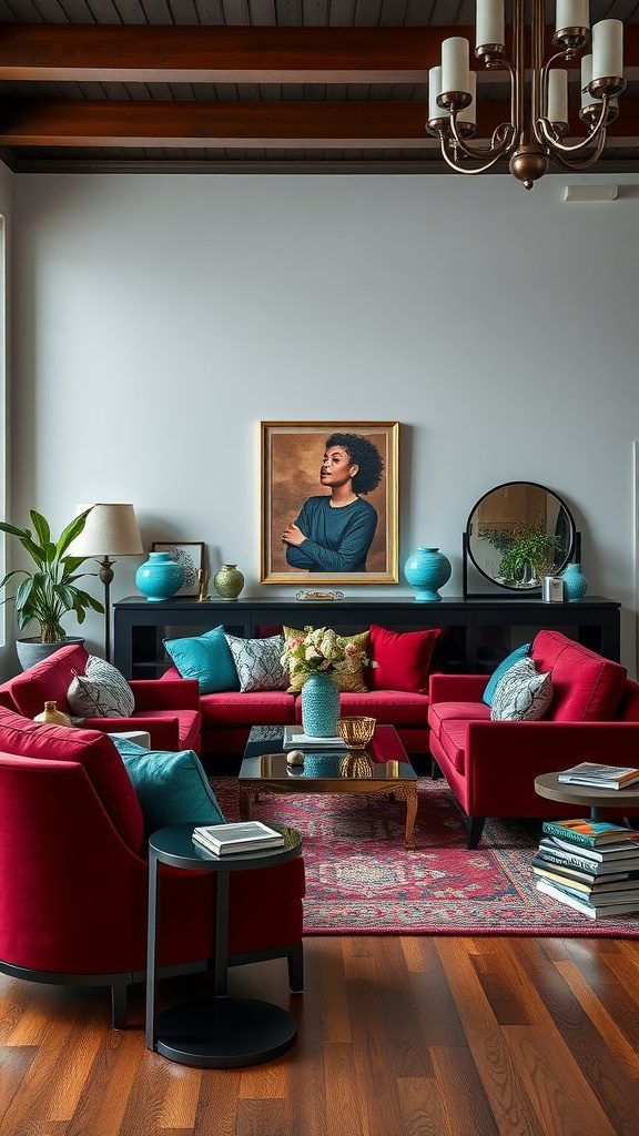 A cozy living room featuring burgundy furniture and turquoise accents.