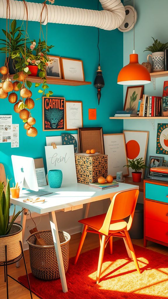A bright and stylish workspace featuring turquoise walls and burnt orange decor elements.