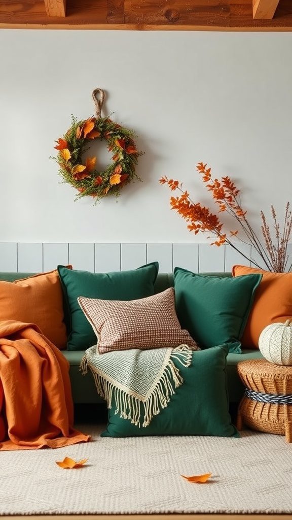 Cozy living room with green and burnt orange cushions, autumn decor.