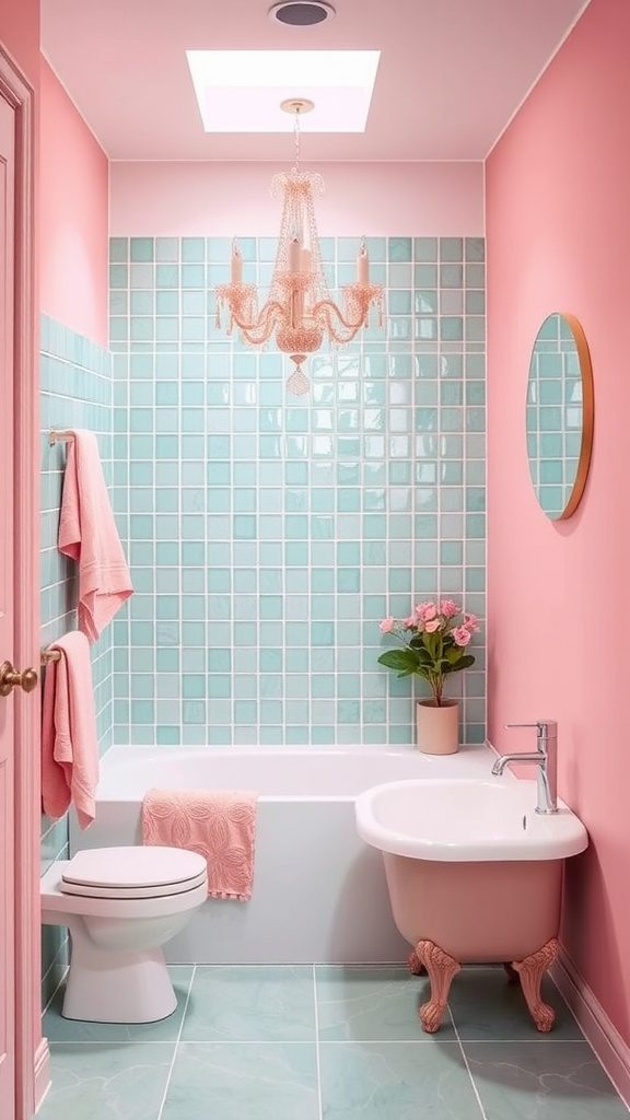 A bathroom featuring pink walls and aqua tiles, combining calming aqua with pink for a refreshing look.
