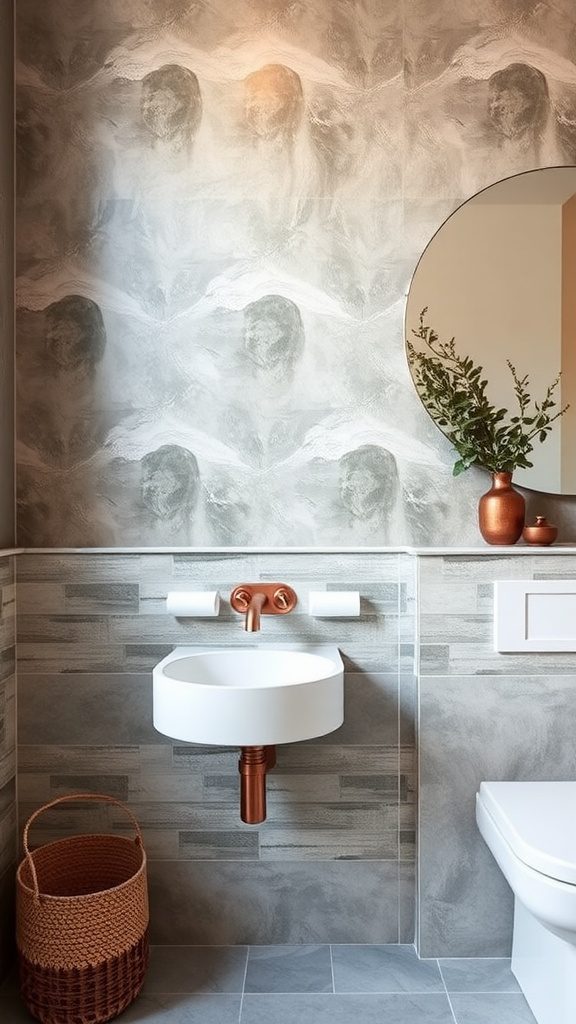 A stylish bathroom featuring calming gray tones and copper fixtures.