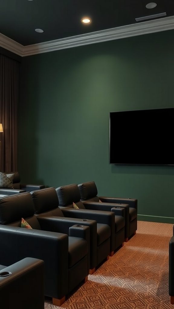 A cozy home theater with hunter green walls and black leather seating.