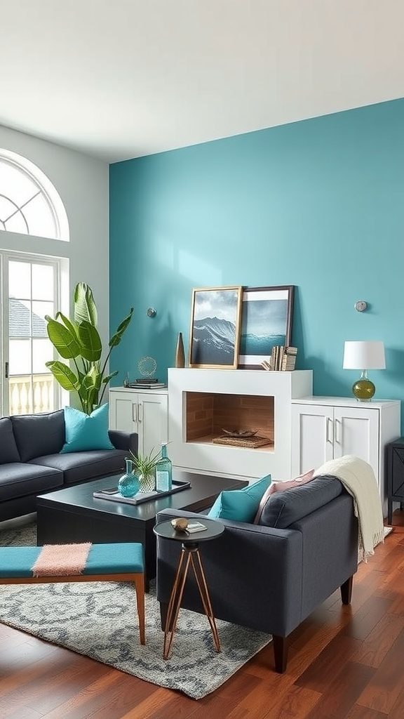 A living room featuring turquoise walls, charcoal gray furniture, and stylish decor.
