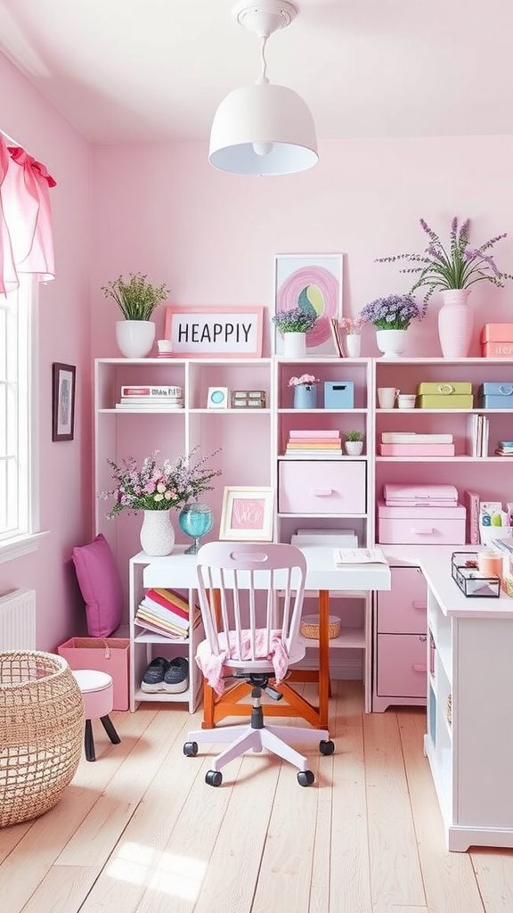 A stylish pink and lavender themed room with a desk, shelves, and decorative plants.