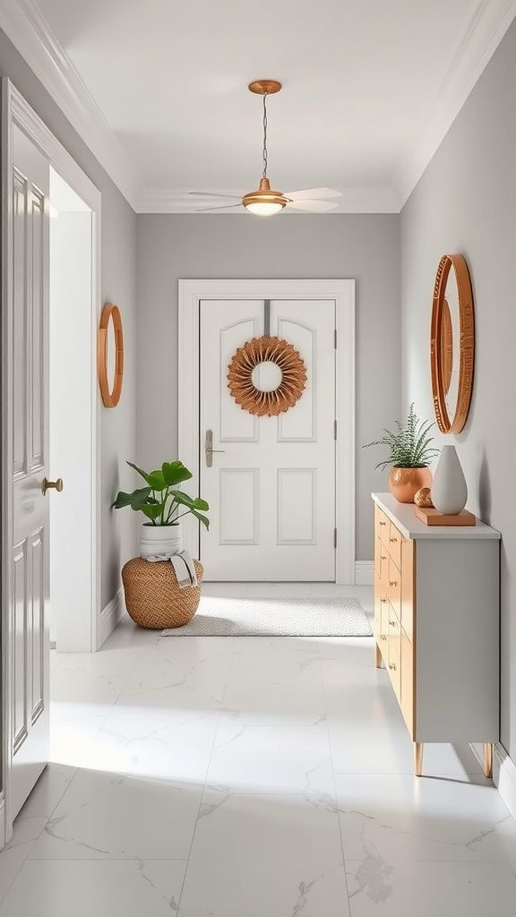 A stylish hallway featuring light gray walls, rose gold accents, and plants.