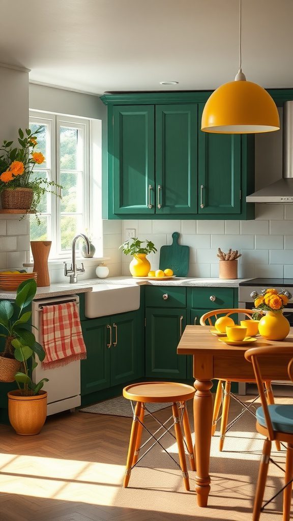 A kitchen with forest green cabinets and cheerful lemon decor, showcasing vibrant colors.
