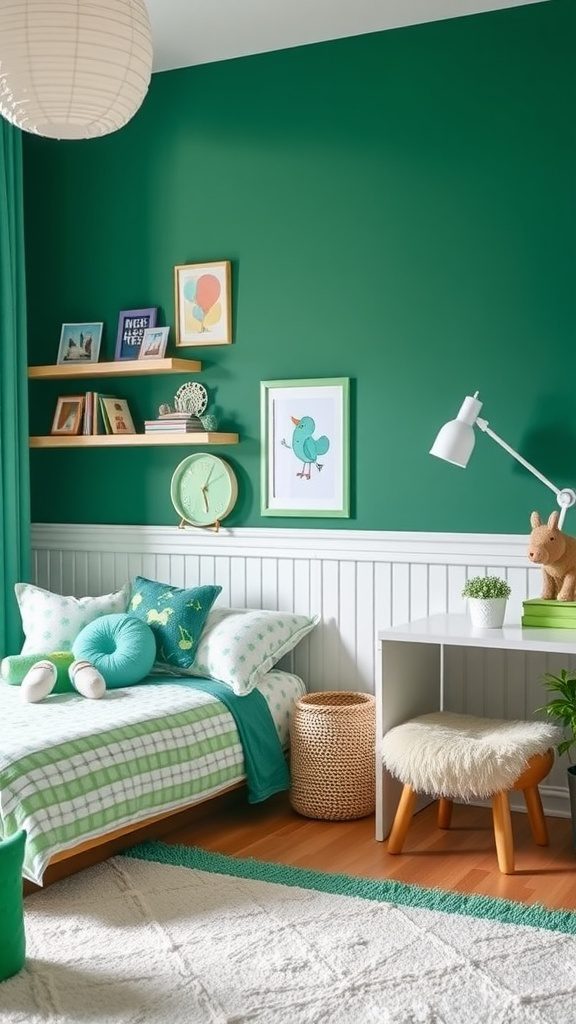 A cozy bedroom featuring emerald green walls and cheerful mint green accents in decor.