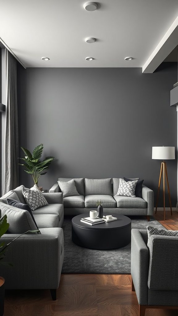 A modern living room with charcoal gray walls and gray furniture, featuring a circular black coffee table.