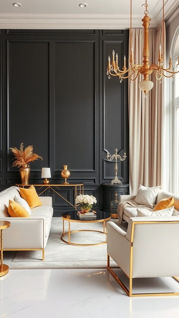 A stylish living room featuring cream and gold decor elements.