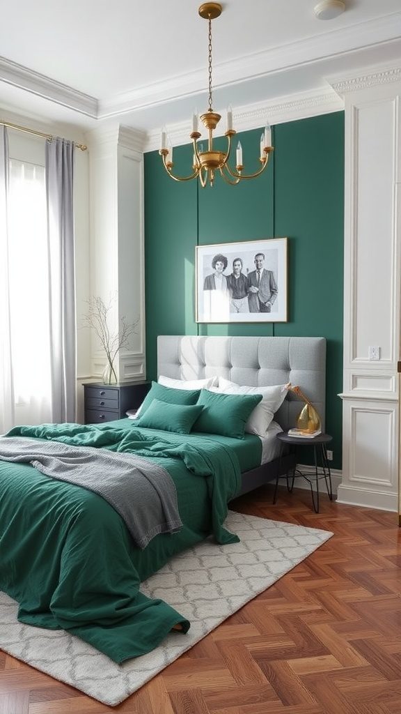 A stylish bedroom featuring emerald green walls, gray bedding, and warm wooden floors.