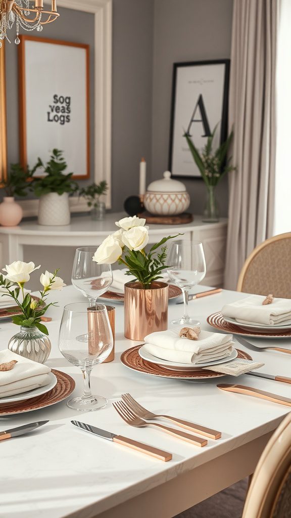 A dining table set with rose gold accents, elegant glassware, and fresh flowers.