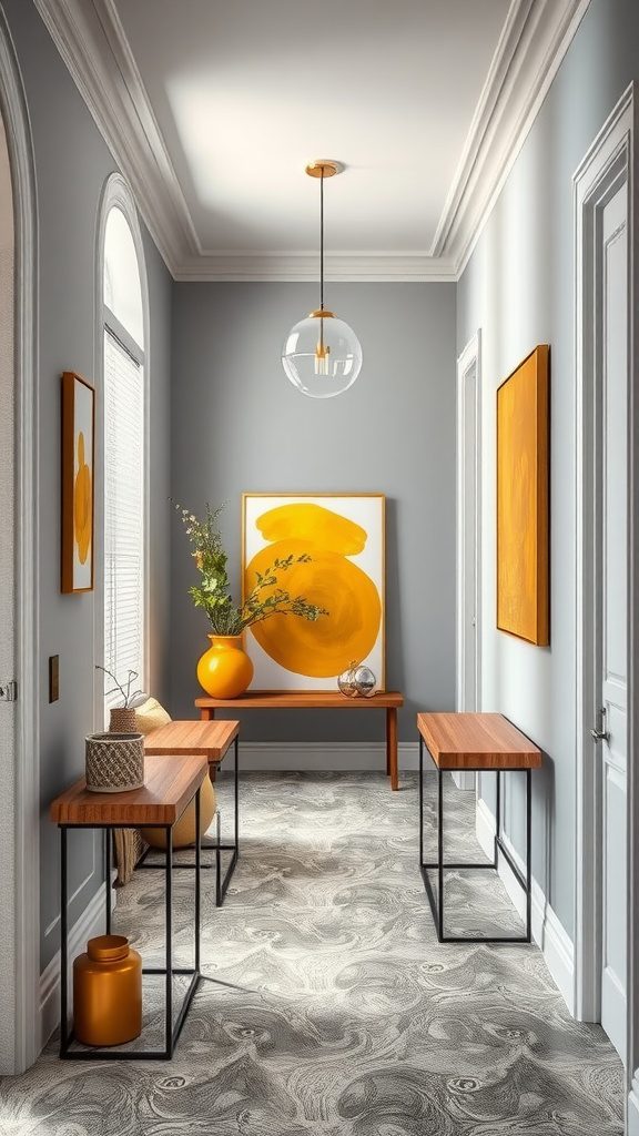 A hallway featuring mustard yellow decor against chic stone gray walls, enhancing the stylish atmosphere.