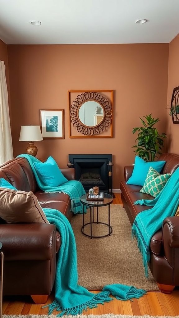 Cozy living room featuring chocolate brown walls, turquoise accents, and comfortable furnishings.