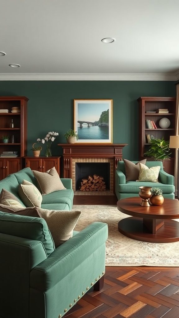Living room featuring hunter green walls and chocolate brown furniture accents.