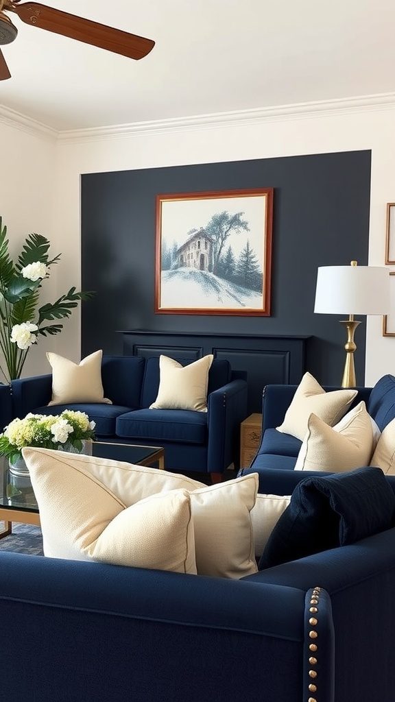 A cozy living room featuring navy blue furniture and classic beige accents.