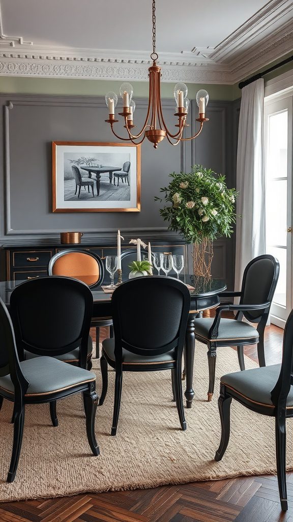 Elegant dining room featuring a black table and chairs with rose gold accents.