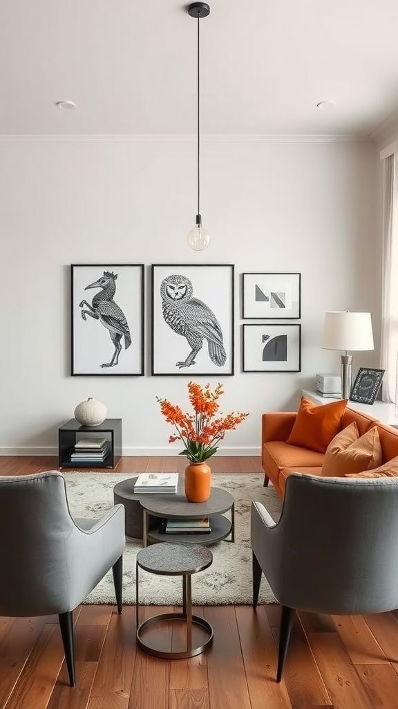 A stylish living room featuring burnt orange and classic black and white decor.