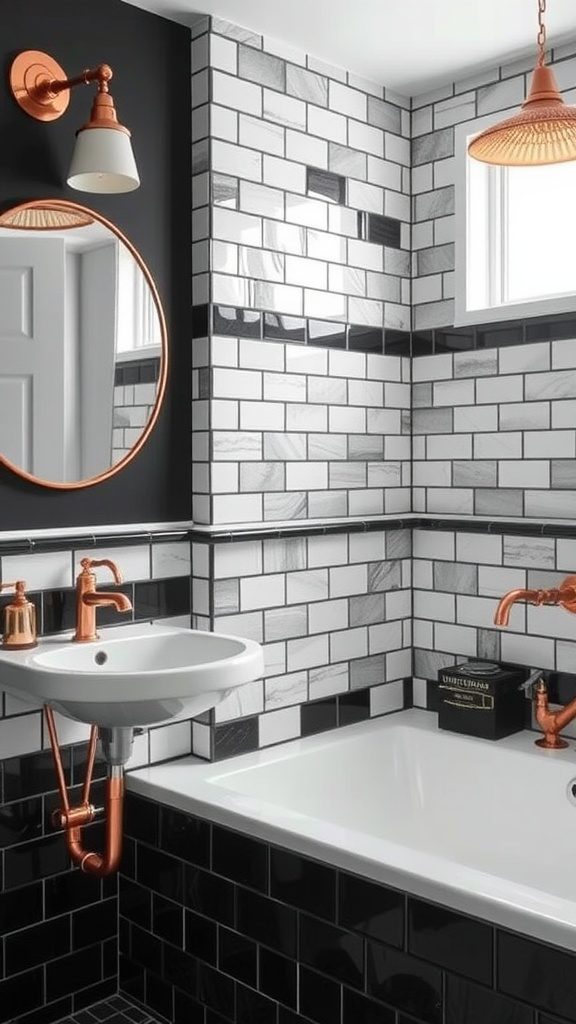 A bathroom featuring a black and white tile design with copper fixtures and accents.