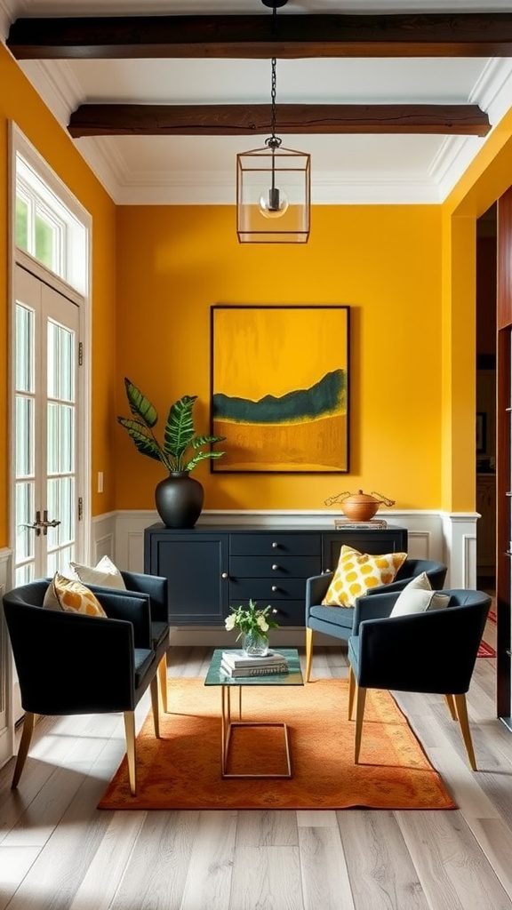 A stylish living area featuring mustard yellow walls with black furniture accents.