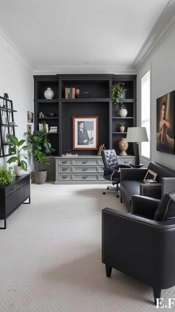A modern home office with charcoal gray walls and black furniture.