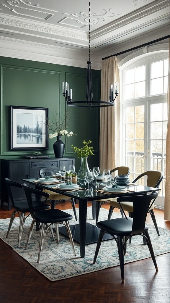 Dining area featuring forest green walls and black furniture, showcasing a modern and elegant decor style.