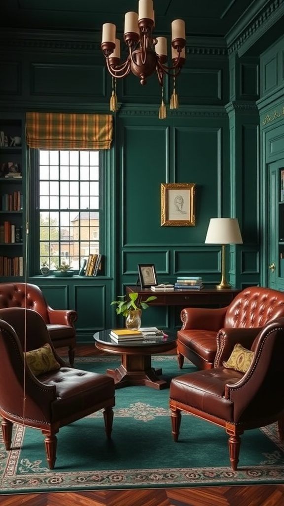 A cozy room featuring classic brown leather chairs and emerald green walls.