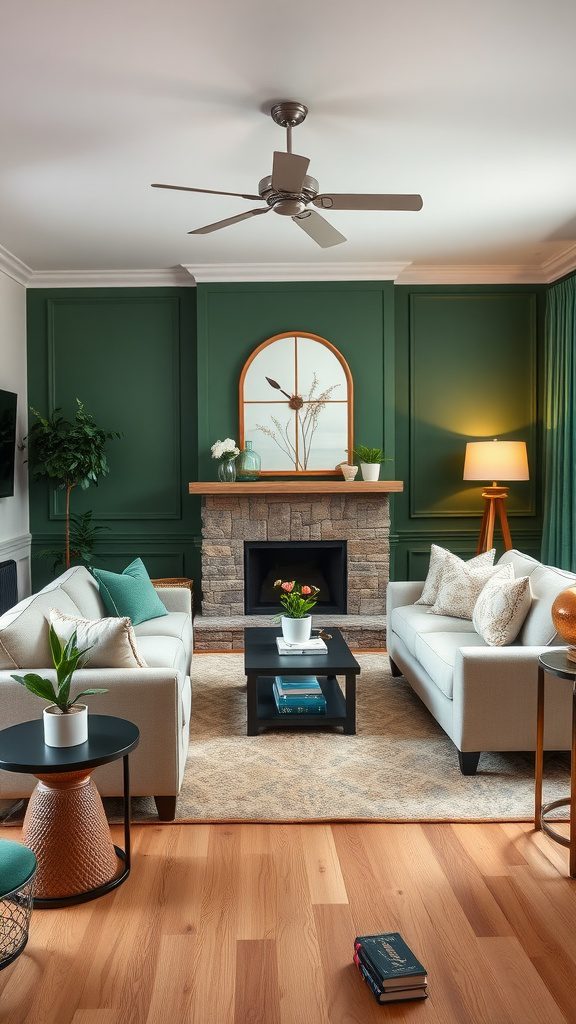 A living room featuring forest green walls and cream-colored furniture, creating a warm and inviting atmosphere.