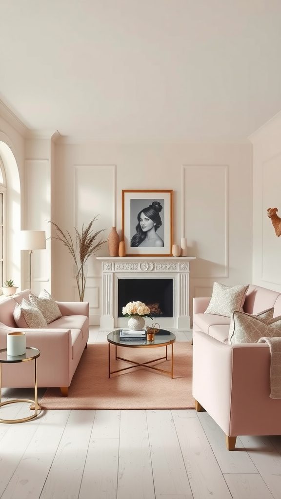 A stylish living room featuring pink sofas, cream walls, and elegant decor.