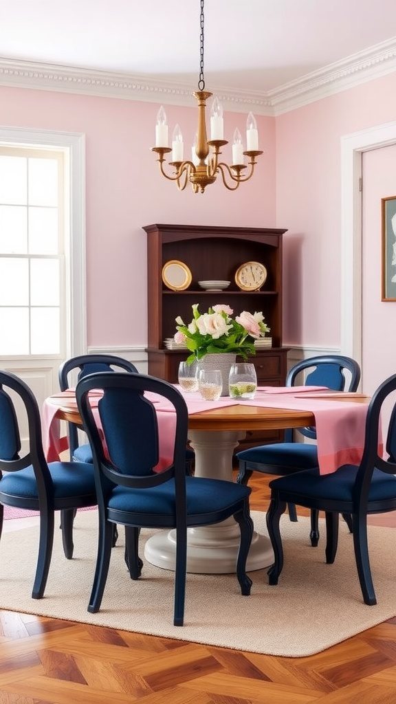 A dining area featuring pink walls, a wooden table with a pink tablecloth, and navy blue chairs, showcasing the classic navy and pink combination.
