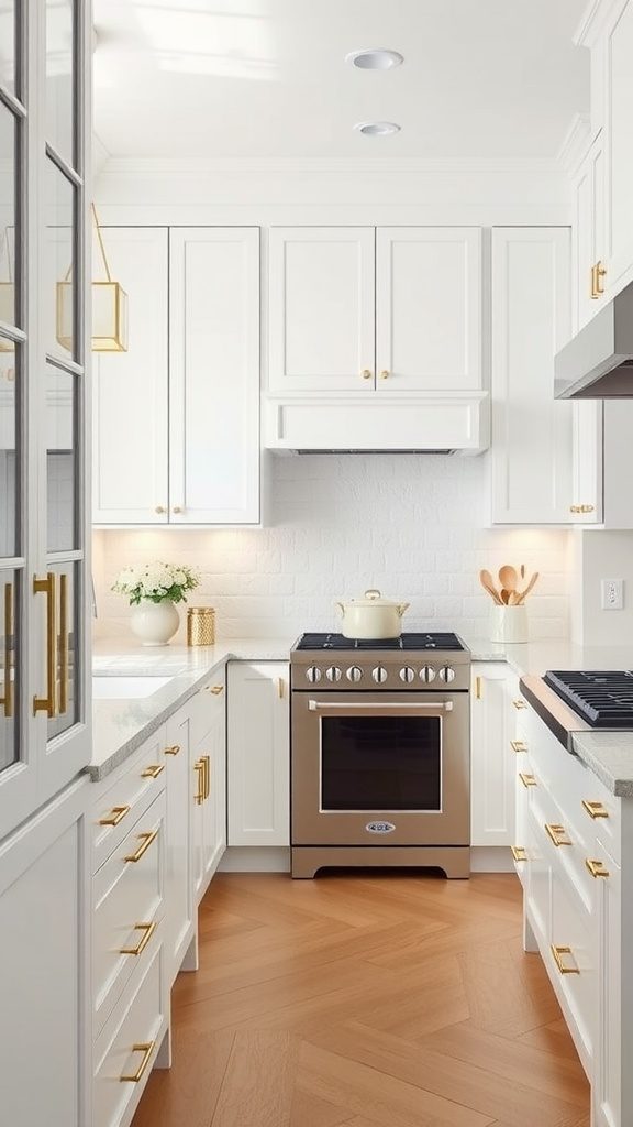 A modern kitchen featuring white cabinets with gold hardware and a warm wooden floor.