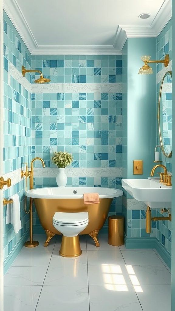 Bathroom featuring cool aqua tones with gold accents.