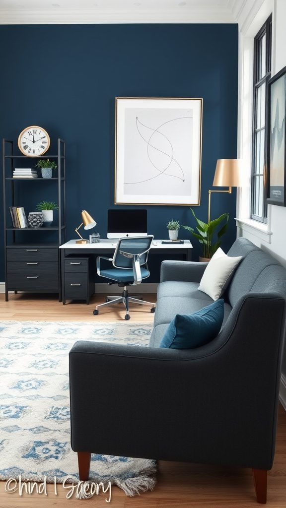 A modern home office featuring a navy blue wall and charcoal gray furniture.