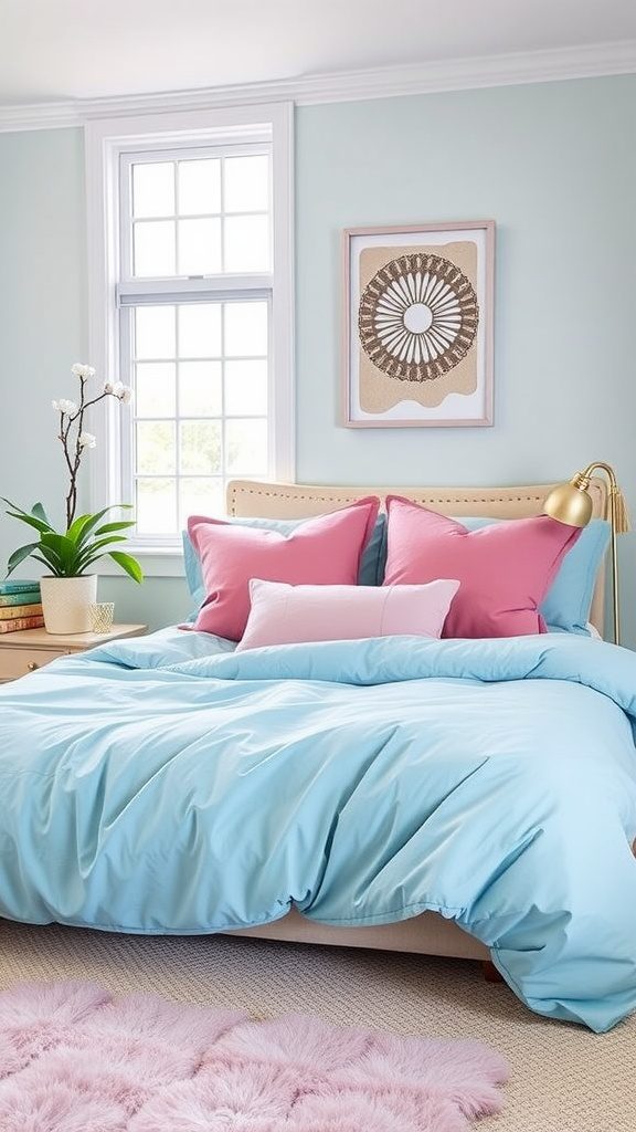 A stylish bedroom featuring pink and blue bedding with decorative elements.