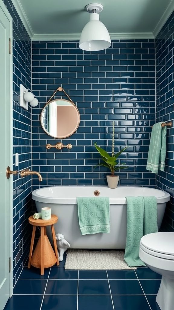 A stylish bathroom featuring navy blue tiles with mint green accents.