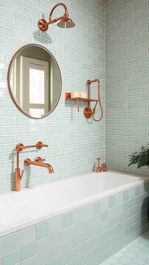 Bathroom featuring mint green tiles and rose gold fixtures.