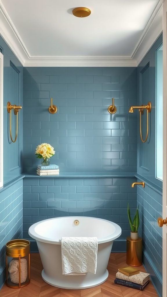 A stylish bathroom featuring slate blue tile, gold fixtures, and modern decor.