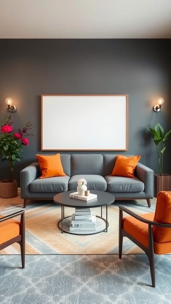 Living room featuring a gray sofa with burnt orange cushions, slate gray walls, and a round coffee table.