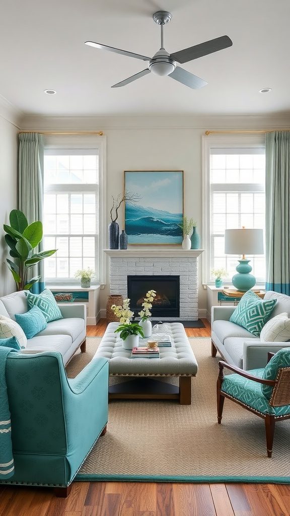 A cozy living room featuring teal and emerald green decor with a coastal theme.