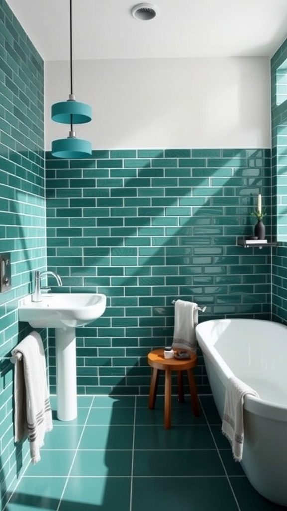 A stylish bathroom featuring teal tiles, a white bathtub, and simple decor.